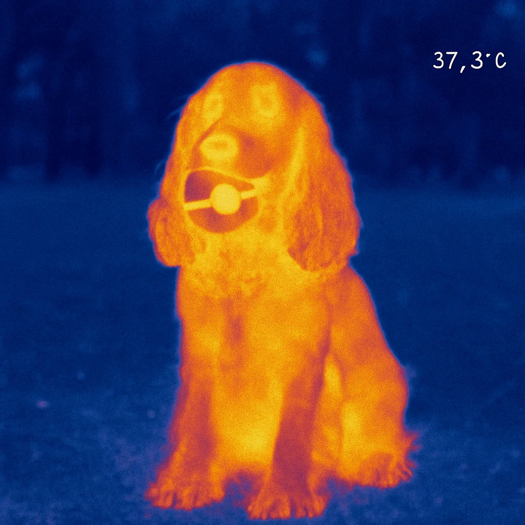 Russian Cocker Spaniel sitting with a Poké Ball in its mouth with a park background emoji