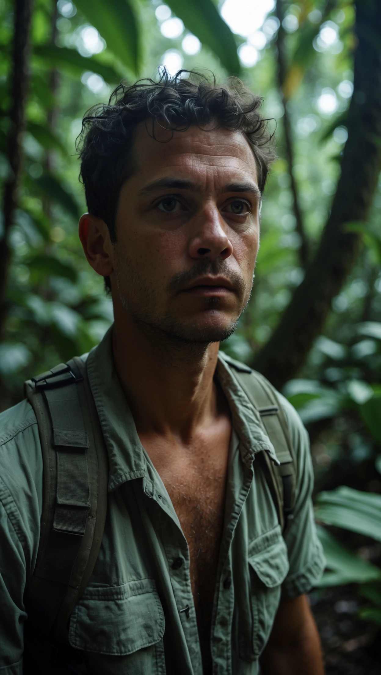 cinematic still, documentary photography, amazon jungle, well lit scene, man is exploring the jungle, close up, front shot emoji