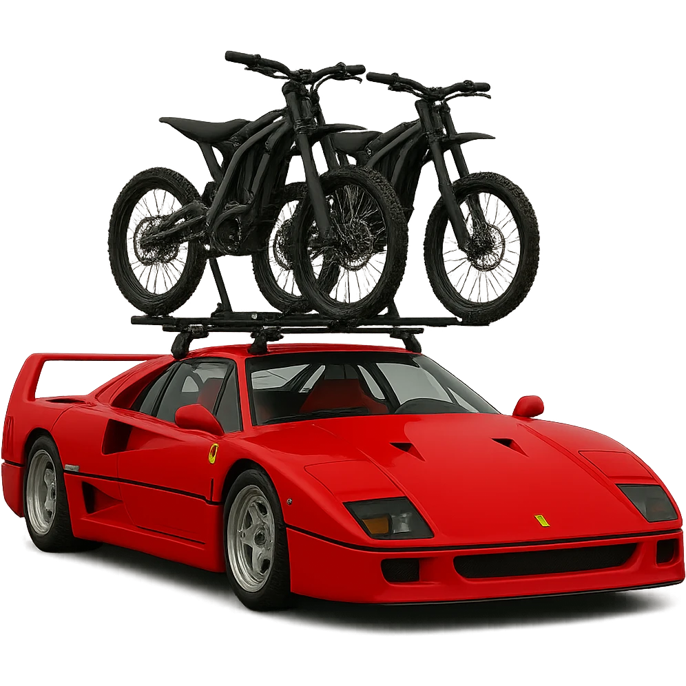 Replace the motorcycle with two Sur-Ron electric bikes mounted on a roof rack on the realistic Ferrari F40. Keep the background transparent. emoji