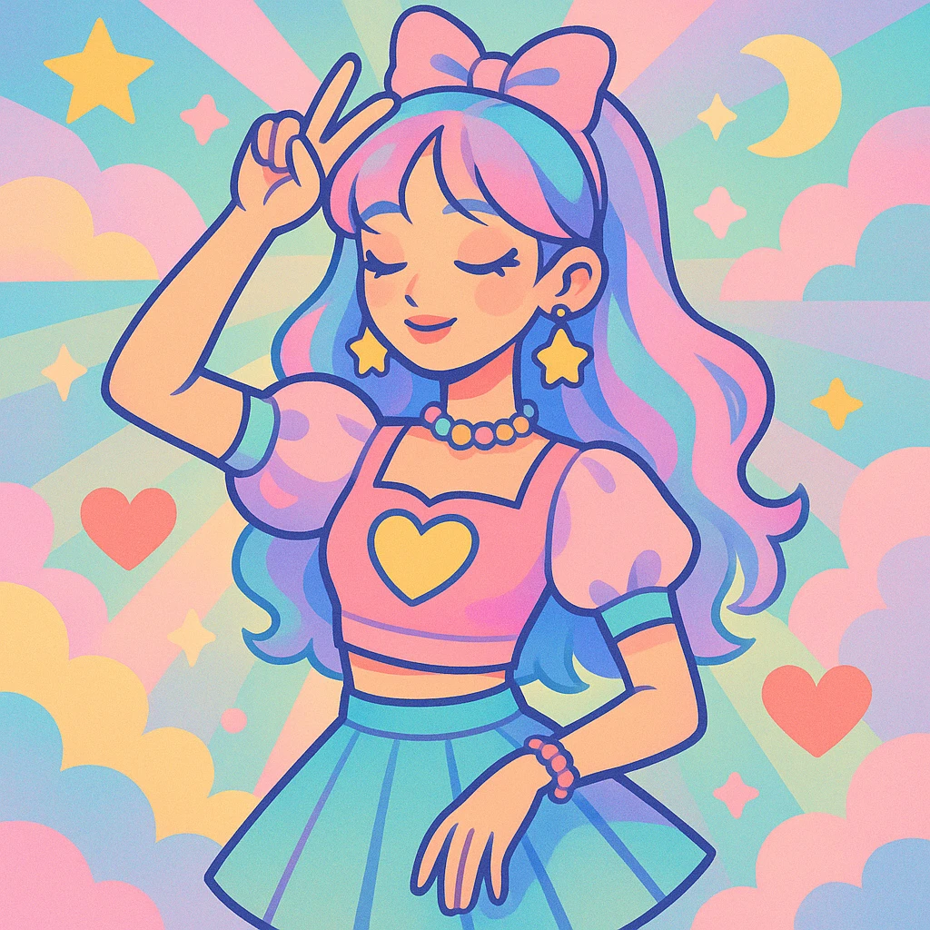 K-pop girl, dreamy pastel style, soft colors, whimsical pose, cute accessories, vibrant toon style, colorful, dynamic lighting emoji