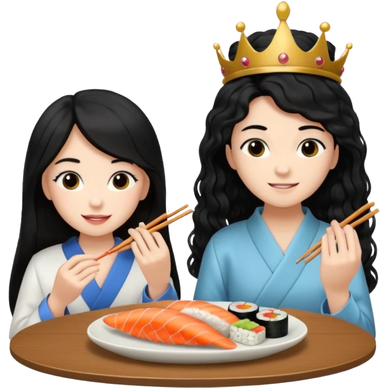 czarnowłosa ksieżniczka w dlugich wlosach je sushi z chłopakiem o czarno brązowych kręconych włosach i są zadowoleni i są nastolatkami i te włosy są lekko krecone i chłopak ma włosy do wysokosi nad brwiami emoji