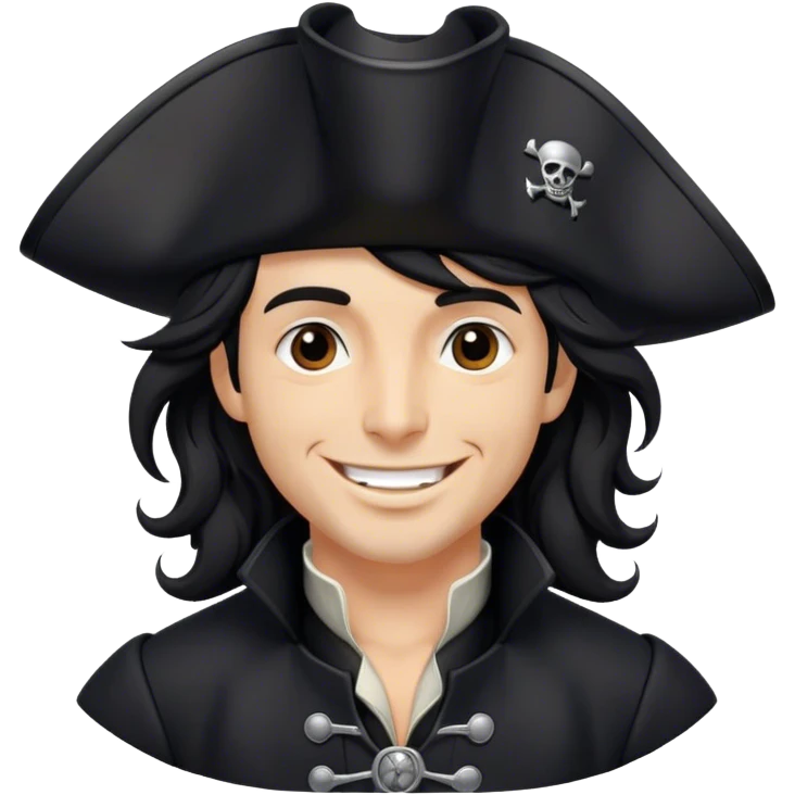 A charismatic pirate with wavy black hair, wearing a black tricorn hat and a sleek black coat with silver buttons, smiling confidently. emoji