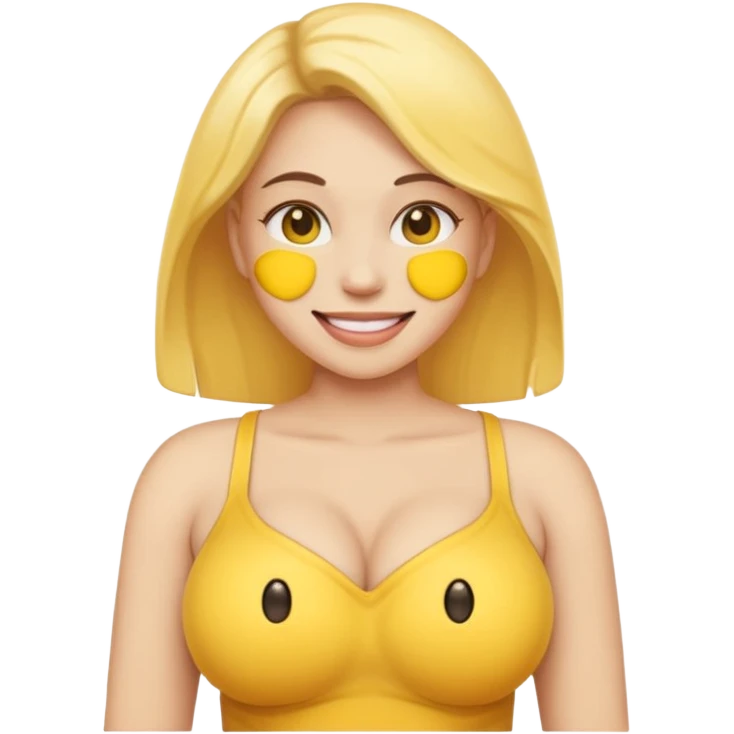 An ashamed, smiling yellow face emoji with huge breasts in front. emoji