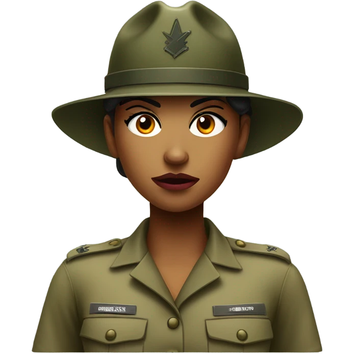 a female drill sergeant showing full torso wearing a classic sergeant hat and a camouflage army shirt. The character should have an angry intense expression.  emoji