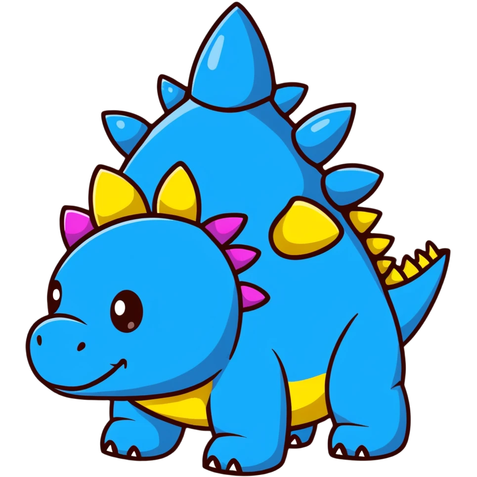 A cartoon blue toy stegosaurus with a friendly face and colorful spikes emoji
