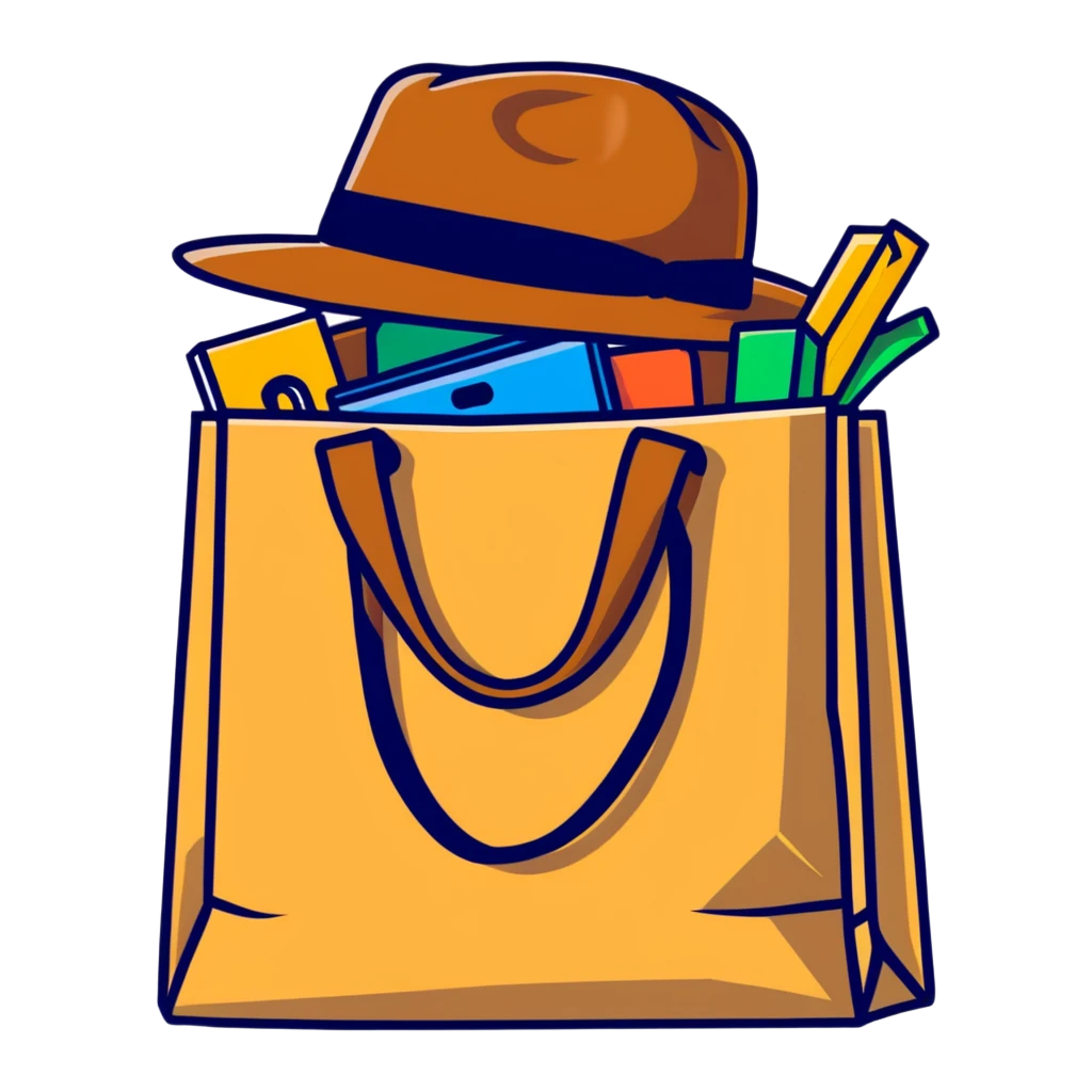 shopping bag with an Indiana Jones hat on top emoji