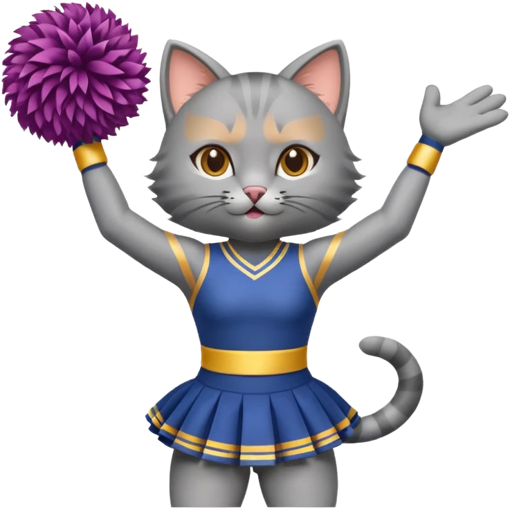 A sleek grey cat cheerleader twirling pom-poms with confident energy. emoji
