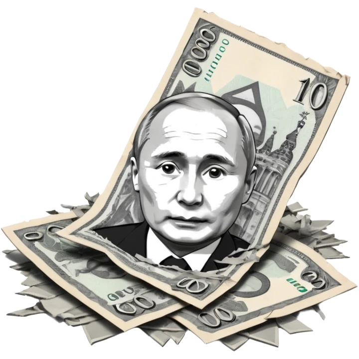 single stack of russian ruble notes with Vladmir Putin's picture on them blown into pieces because of explosion emoji