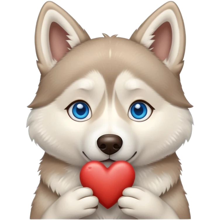 Beige husky with blue eyes holding a brown heart emoji