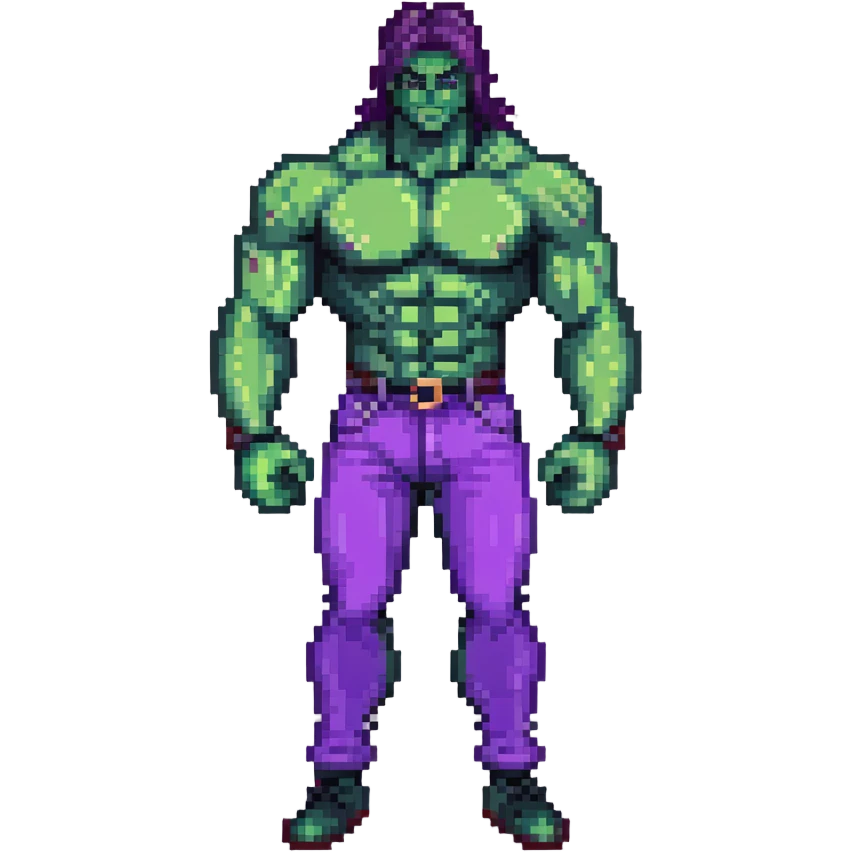character inspired by Hulk from Marvel, green skin, muscular, purple pants emoji