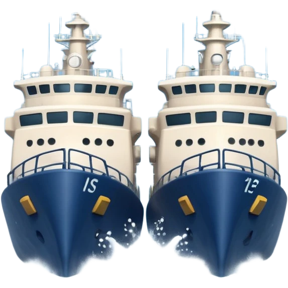 two navy ships crashing into each other, cartoon style, water spray, surprised faces emoji