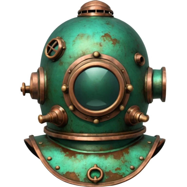 3D render of Antique Diver Helmet, heavily oxidized copper texture, verdigris patina, Bronze helmet with heavy green crust, weathered bronze aesthetic, ancient decay, emoji style, isolated on white background --v 6.0. emoji