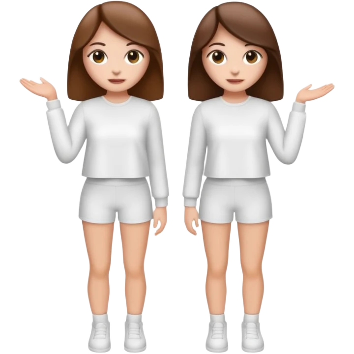 👯‍♀️ generate this emoji, as two white girls, bffs, the same pose but maybe the outfit cuter. we are models. both with brown hair. one girl in white outfit, the other in black emoji