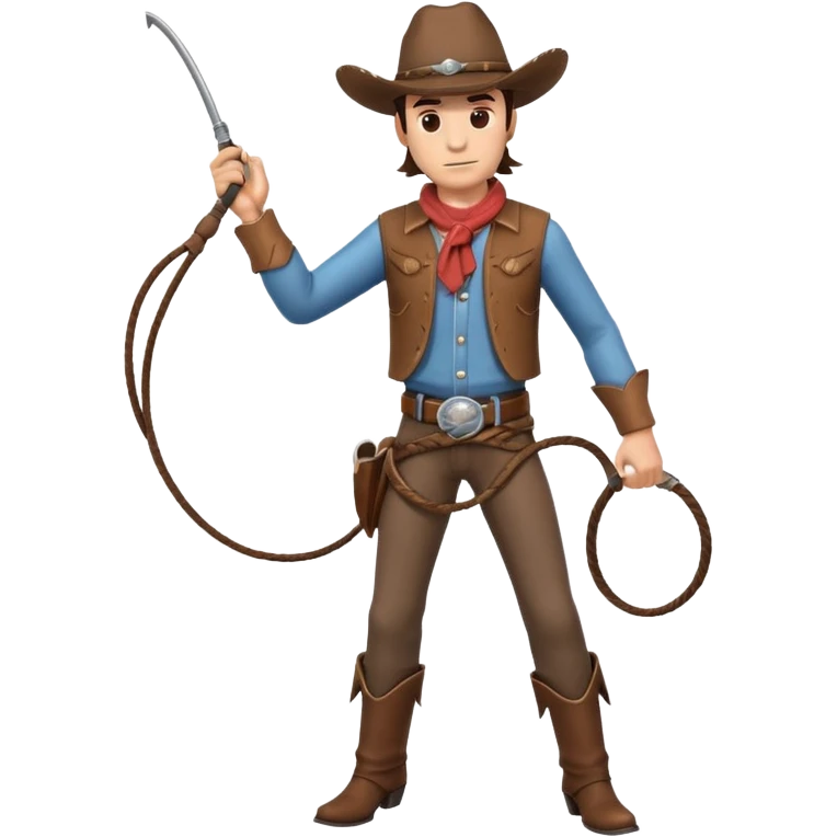 cowboy man holding a whip, dynamic pose, western outfit, adventure vibe, 3D cartoon, mobile game icon style, clean background, no text, no watermark
 emoji