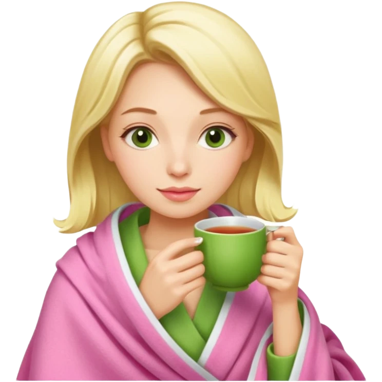 Блондинка пьет зелёный чай укутавшись розовым пледом emoji