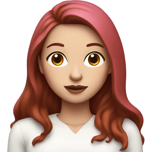 Woman with a white skin that has Long Dark red hair and brown eyes with an eyeliner coding on a pink macbook emoji