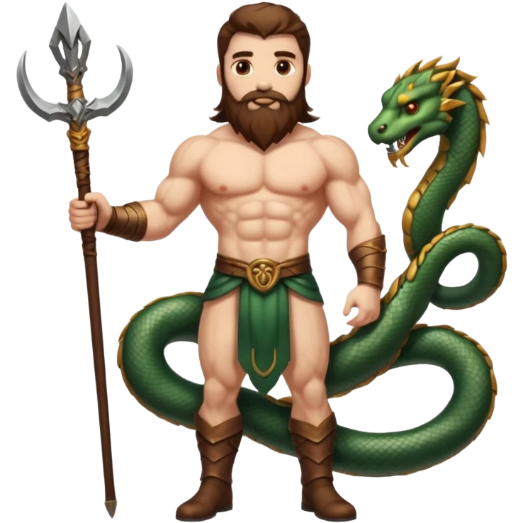 full body man long brown hair brown eyes medium beard white skin muscular build apple guardian with serpent staff emoji