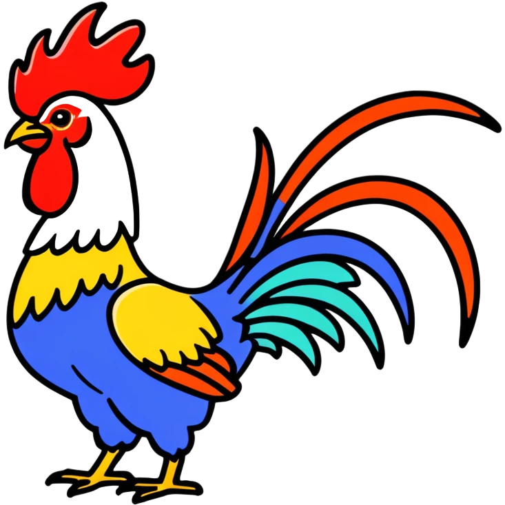 Rooster with multicolored tail emoji