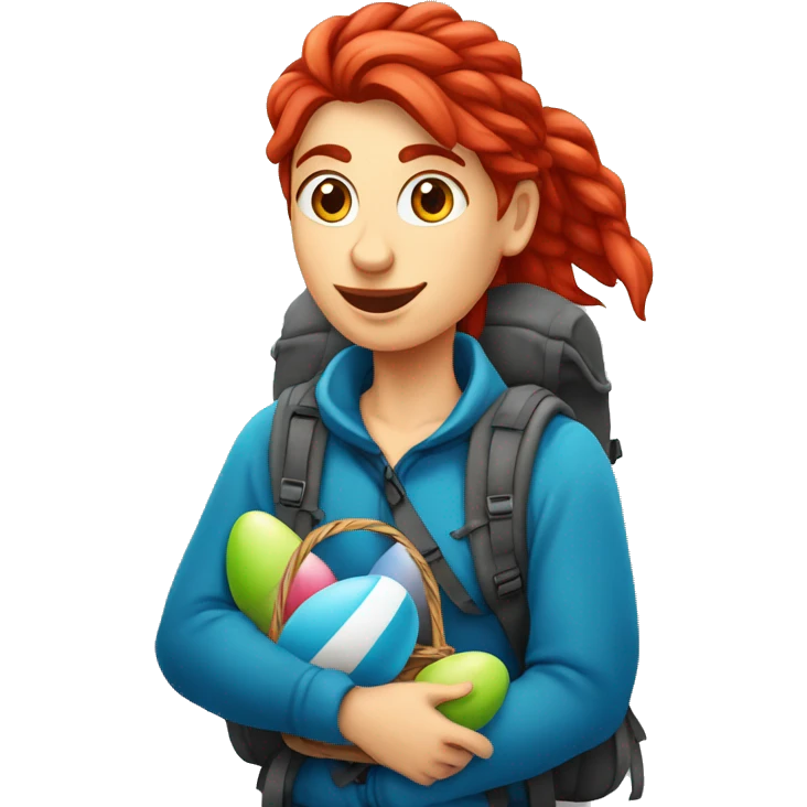 Female winter mountain climber red loose hair climbing with Greek flag on backpack and holding Easter eggs basket emoji