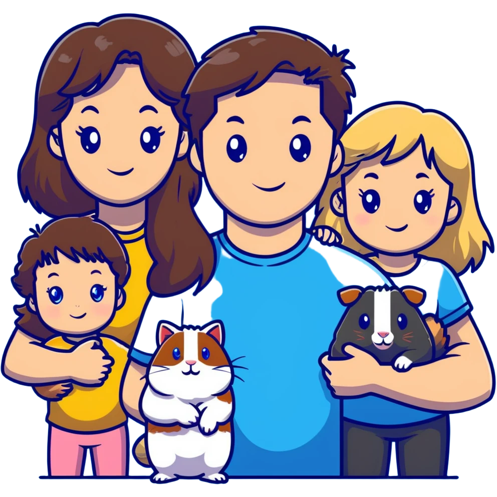 Family portrait with father with dark brown hair and blue eyes, mother with light brown hair and blue eyes, three blonde little girls with blue eyes, plus a cat and two guinea pigs emoji