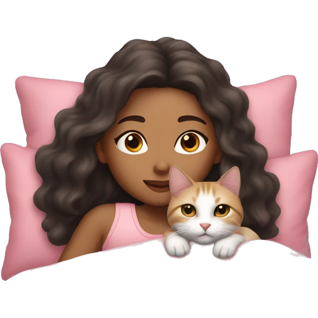 Light skin girl laying with  calico cat in pink bed emoji