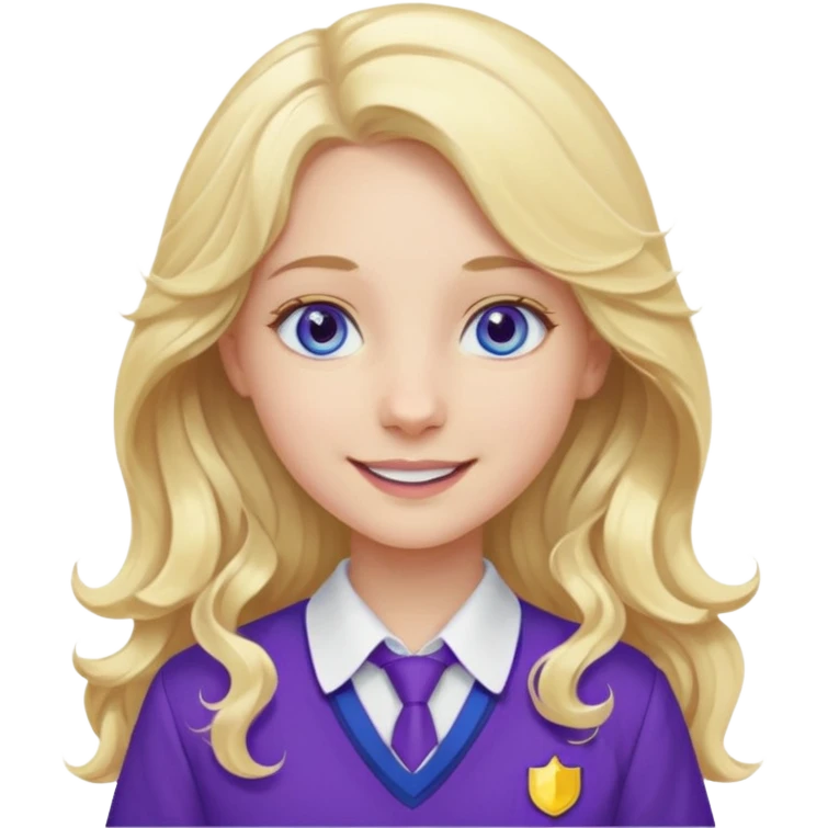 A pale girl with blue eyes and long and blonde , wavy hair , smiling wearing a purple school uniform  emoji