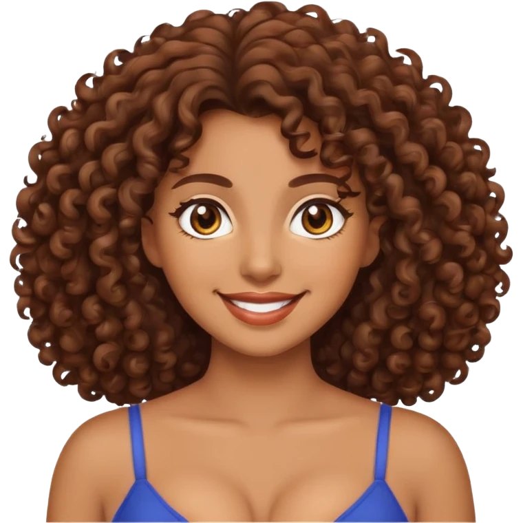 A woman with big breast, brown curly hair, brown eyes, smile emoji
