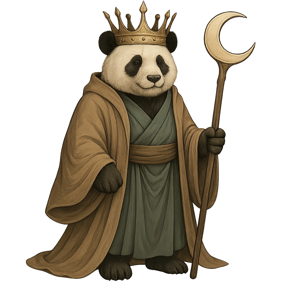 Add a crown to the panda in flowing robes, blending it with the mystical and calm style. Remove the background to isolate the subject. Keep the mystical and calm atmosphere of the original image. emoji