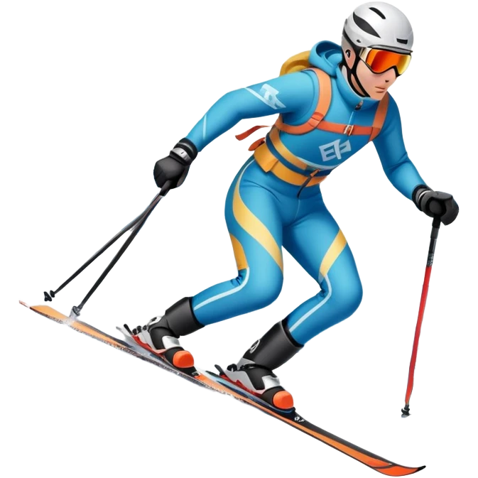 An icon featuring a skier racing down a snow-covered slope, surrounded by snowy peaks and pine trees. The design includes ski poles, bright winter gear, and dynamic motion lines, capturing the thrill and speed of alpine skiing. Transparent background emoji