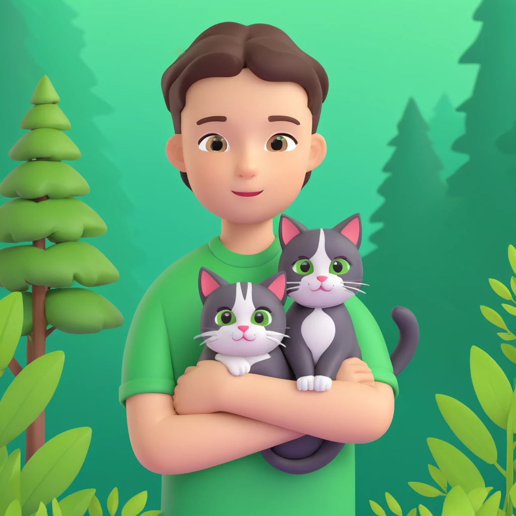 boy and cat pet in forrest background, close up pose emoji
