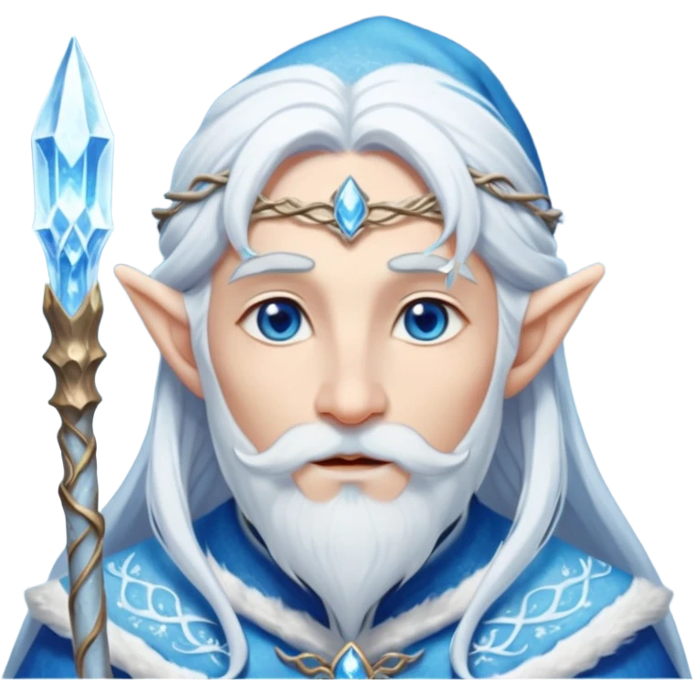 Legendary fantasy Christmas elf portrait icon, Santa Claus and Snow Maiden inspired, ancient winter spirit style, long flowing white-blue hair, glowing frost eyes, crystal staff, elegant elven features, divine winter magic aura, icy silver color palette, highly detailed but clean emoji icon male emoji