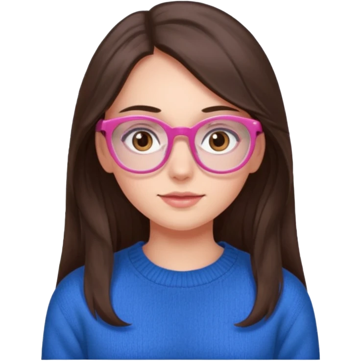 brunette girl whit blue sweater, long hair, brown eyes, pink eyeglasses  emoji