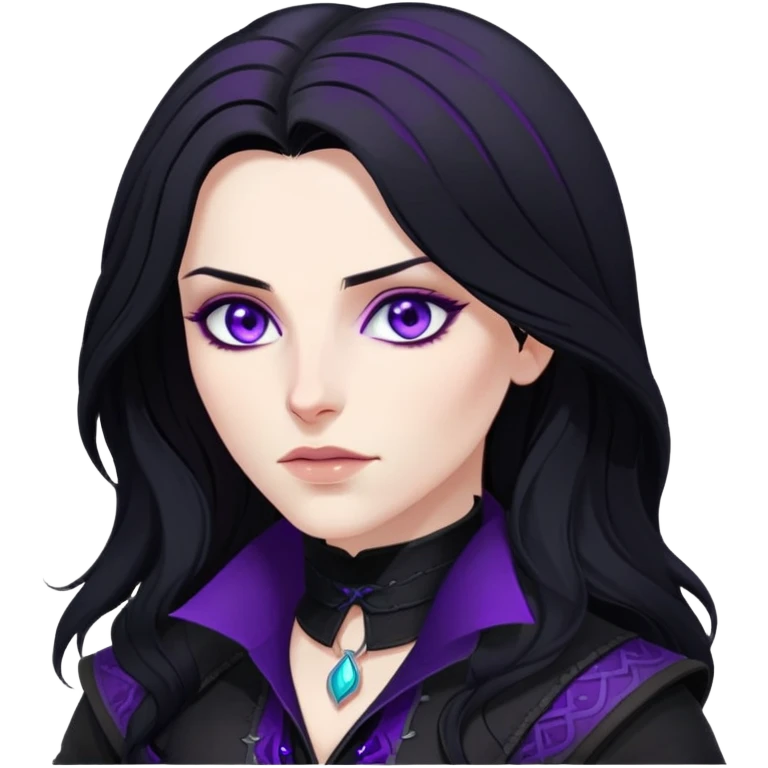 Yennefer from Witcher with long black hair, violet eyes, pale skin, wearing black clothes emoji