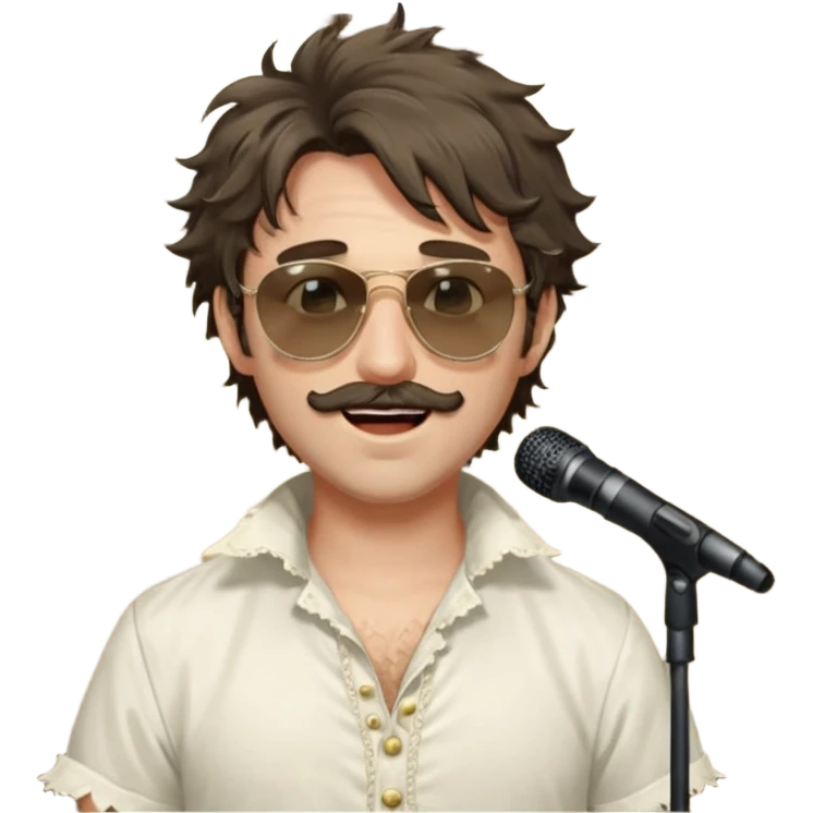 cinematic realistic - messy, shaggy with big sideburns Jim Morrison in an ivory Victorian shirt, singing in a trance on stage, wearing Ray Ban sunglasses emoji