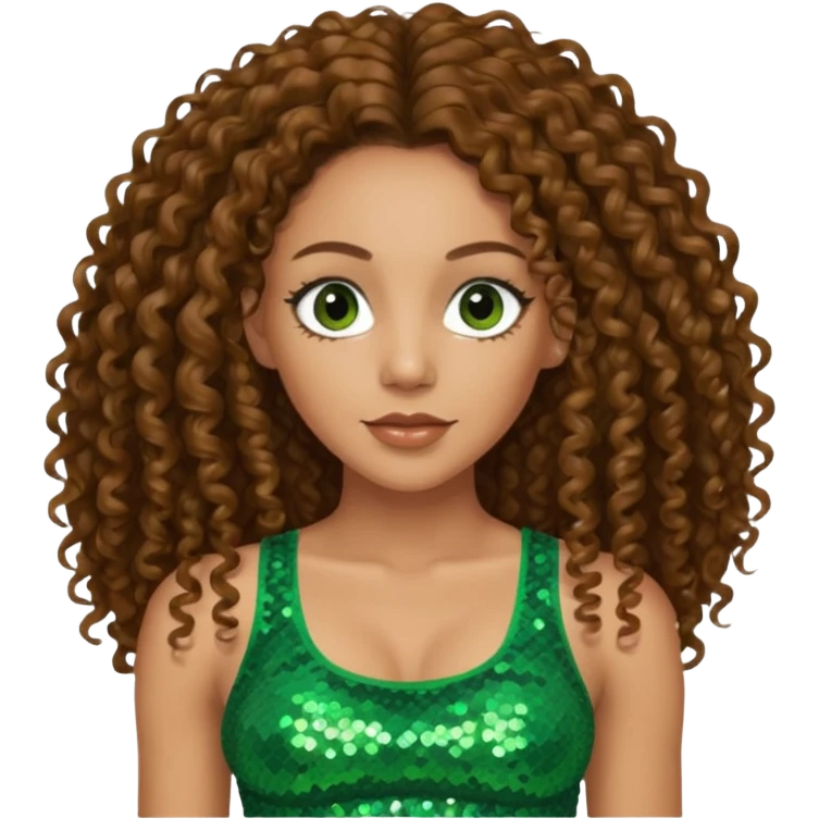Melanie Brown with long brown curly hair, green sequin crop top, brown eye emoji