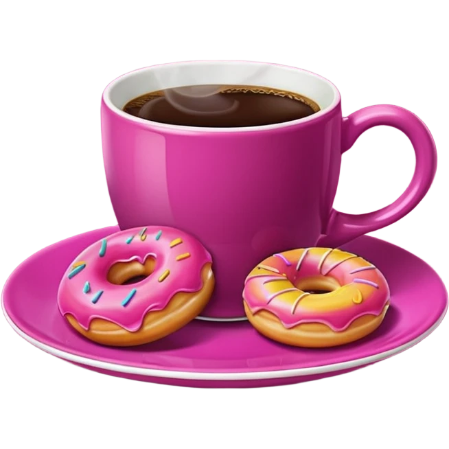 A steaming cup of coffee, magenta with a yellow butterfly print, sits on a magenta saucer with colorful donuts. emoji
