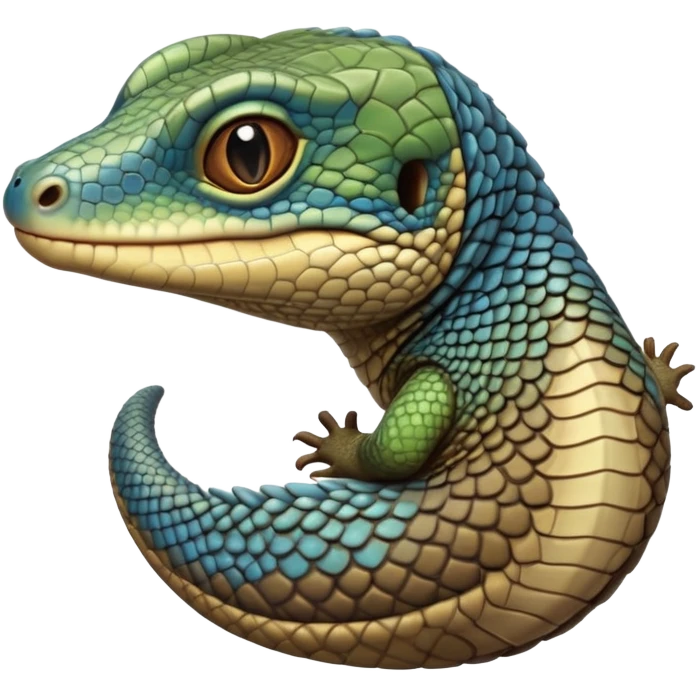 cinematic-realistic-cute-monitor-lizard-portrait-emoji,-head-tilted-playfully-and-inquisitively,-featuring-a-compact,-agile-body-with-finely-detailed,-glossy-scales-in-earthy-olive-hues-and-a-distinct,-alert-face-with-bright,-curious-eyes, blue , brown spotted and green multi coloured  scales emoji