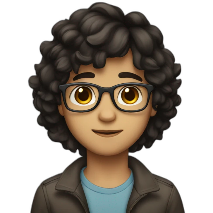 a boy with medium-length dark hair, wearing glasses with brown eyes emoji