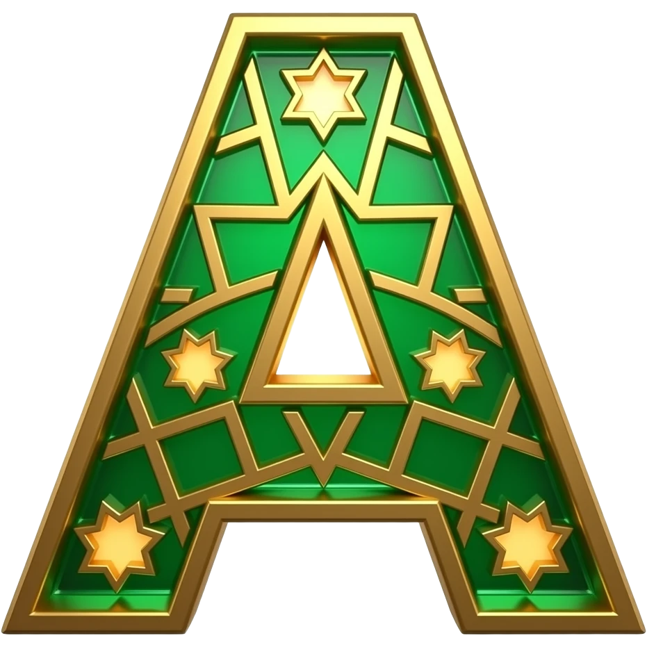 An uppercase letter 'A' designed with geometric Islamic patterns and star-shaped cutouts. Made from rich emerald-green glass with brushed gold edges. Backlit with a warm amber glow, 8k resolution, clean minimalist design emoji