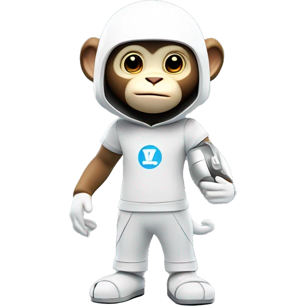 a 3d rendering of a full body shot of a cute white capucin monkey wearing a t shirt with a letter 'W' on it and a futuristic platinum helmet also with a letter 'W' on it, smiling and being cute to the camera, his style is futuristic y2k, he's standing up emoji
