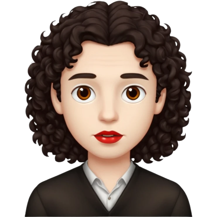 boy, really dark brown hair, curly hair, dark brown eyes, pale skin, red lips, long hair emoji