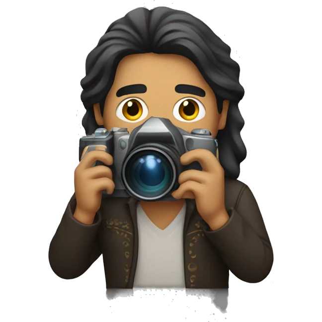 Mexican man with long hair, holding a professional camera  emoji