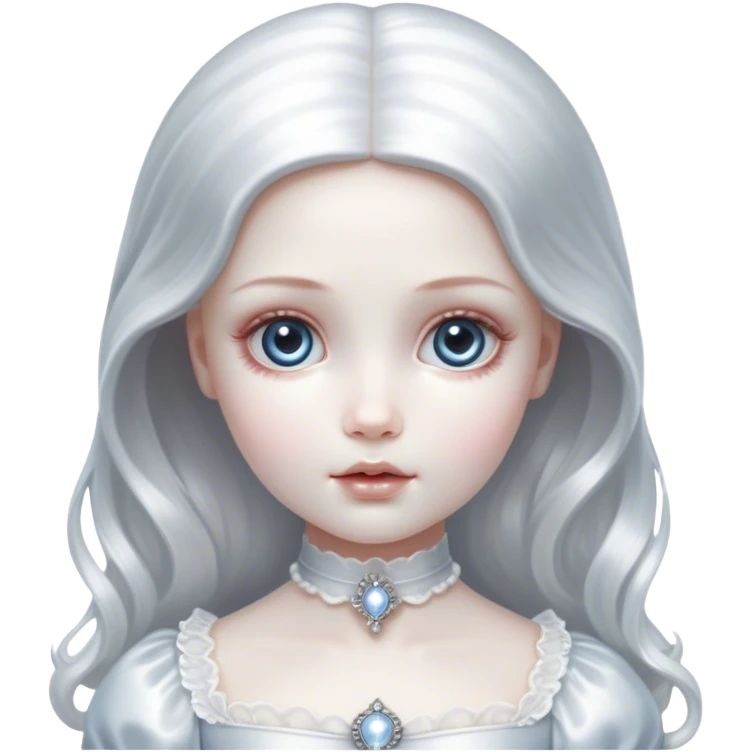 Cinematic and Ultra realistic 32k HD hauntingly beautiful porcelain doll sitting, Balanced features, highly detailed, glowing with silver light, high shine, remembrance, a painting of white silver, fanciful, enchanting, ghostly. The image is so lifelike it could leap off the canvas at any moment emoji