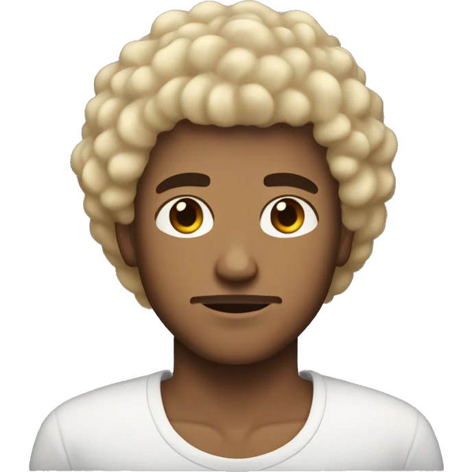 blond guy with short curly afro that is short on the sides and dark brown eyes and serious face emoji