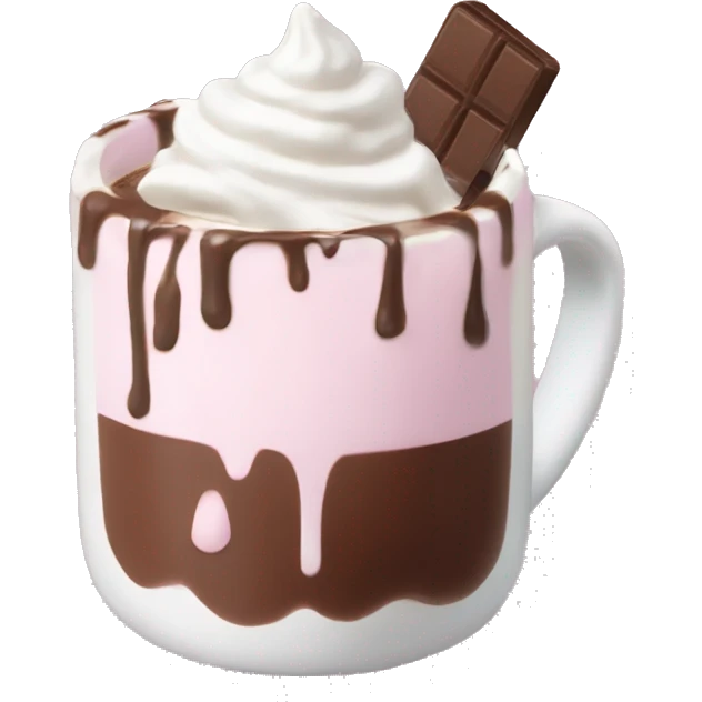 hot chocolate with mug and whip cream and chocolate drizzle and pale pink strawberry and marshmellows emoji