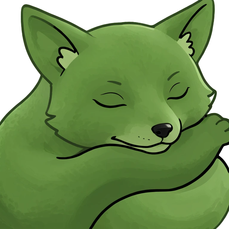 baby fox curled up and sleeping in bufo frog meme style emoji