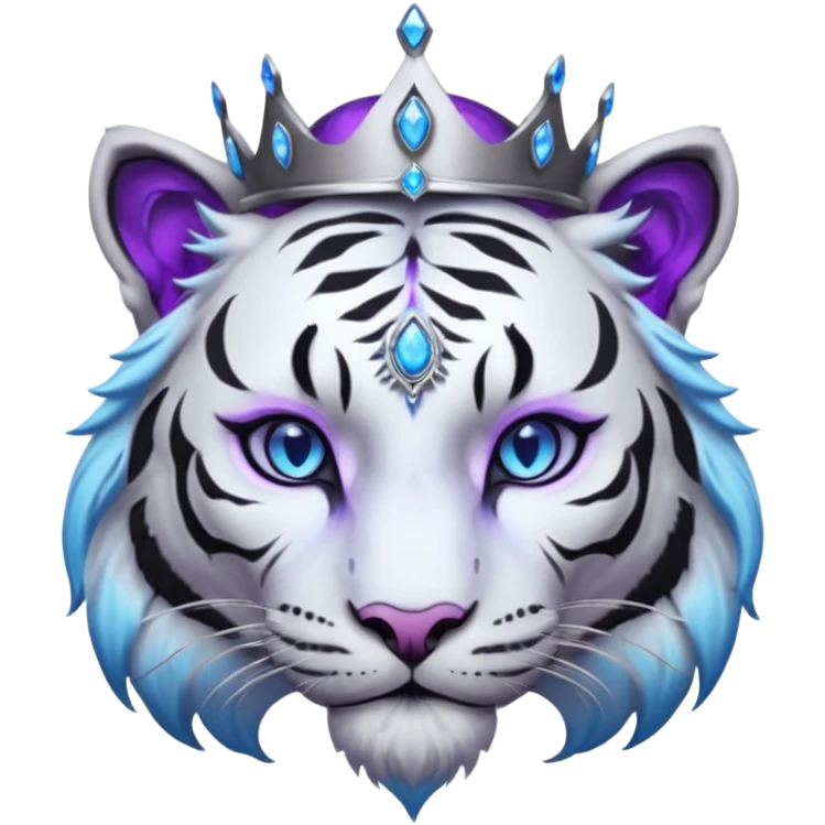 ESO Female white/black tiger khajiit leader of the umbral rose, glowing blue eyes, glowing blue 'third eye' gem; purple gemmed silver crown/tiara emoji