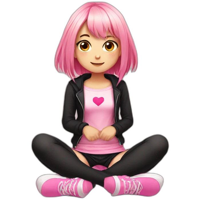 full body Front view emo girl sits on the floor black skirt pink knickers emoji