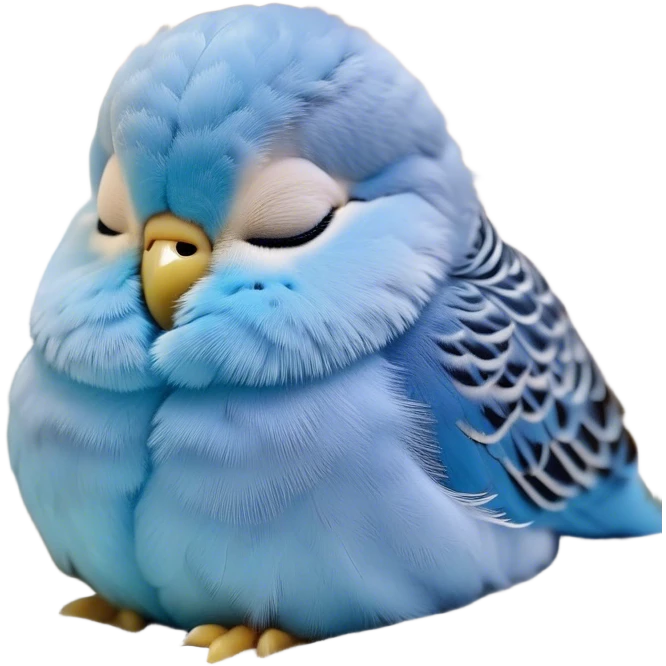 Meme-Worthy Cute Sleeping Blue Budgie Portrait Emoji, Head resting peacefully with a contented smile, showcasing a petite, delicate build and a luxuriously soft blue feathered fur, eyes shut in a serene nap, Simplified yet hilariously adorable features, highly detailed, glowing with a soft, drowsy light, high shine, relaxed and utterly lovable, stylized with an air of playful laziness, bright and heartwarming, soft glowing outline, capturing the essence of a comically sleepy budgie, so meme-worthy it feels like it could instantly become the next viral sensation of adorable slumber! emoji