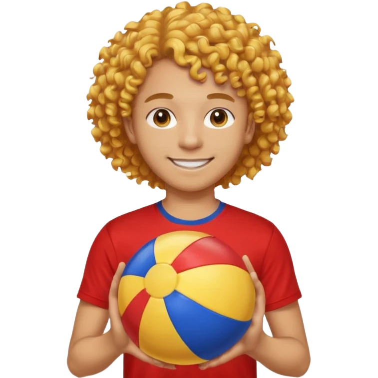 una persona de 18 años marron clarito con el pelo amrillo rizado con una camiseta roja y azul con un logo circular dorado y levantando un balon de playa emoji